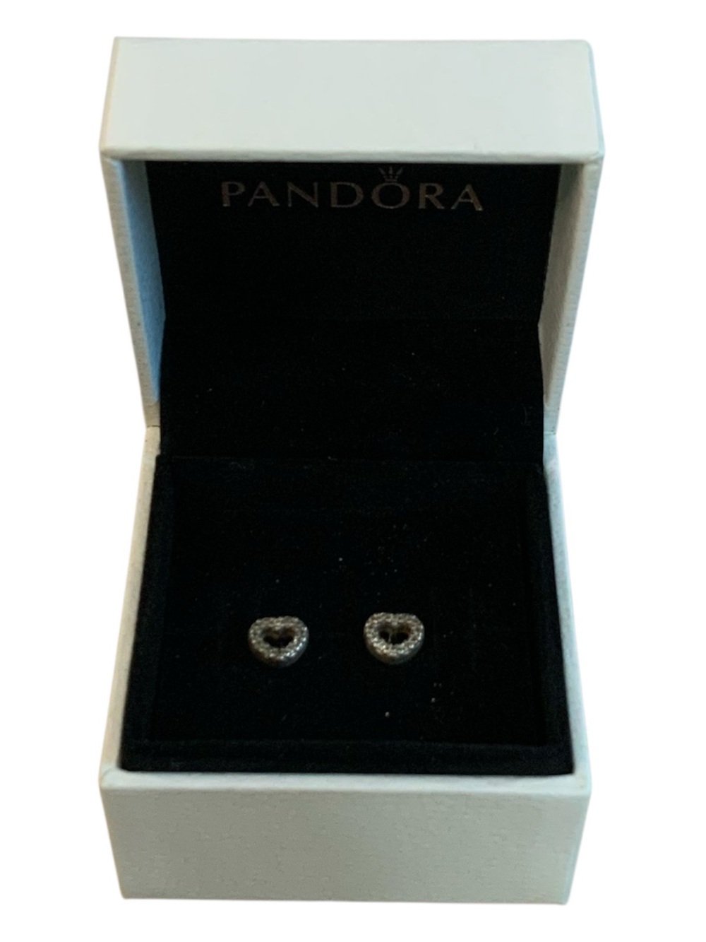 Pandora Sterling Silver Clear CZ Open Heart Stud Earrings EUC